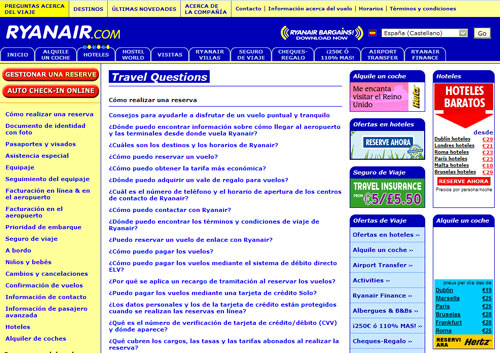 Captura de la página de FAQ de Ryanair