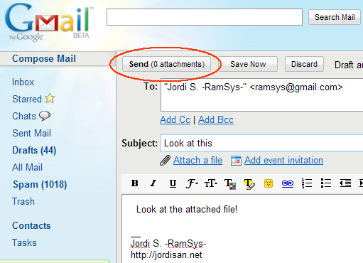 Composing a message in GMail, with the button 'Send (0 attachments)' highlighted