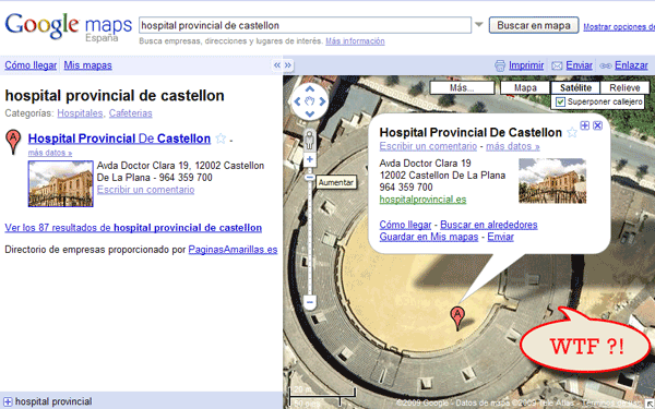 Imagen de Google Maps en la que se ubica el Hospital Provincial de Castellón en una plaza de toros