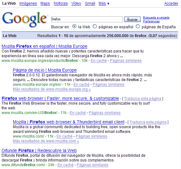 Buscando 'Firefox' en Google